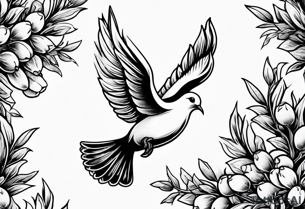 Dove soring through the air an olive branch in its beak whipping behind tattoo idea