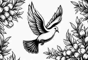 Dove soring through the air an olive branch in its beak whipping behind tattoo idea