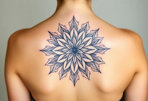 Long back mandala with a dahlia tattoo idea