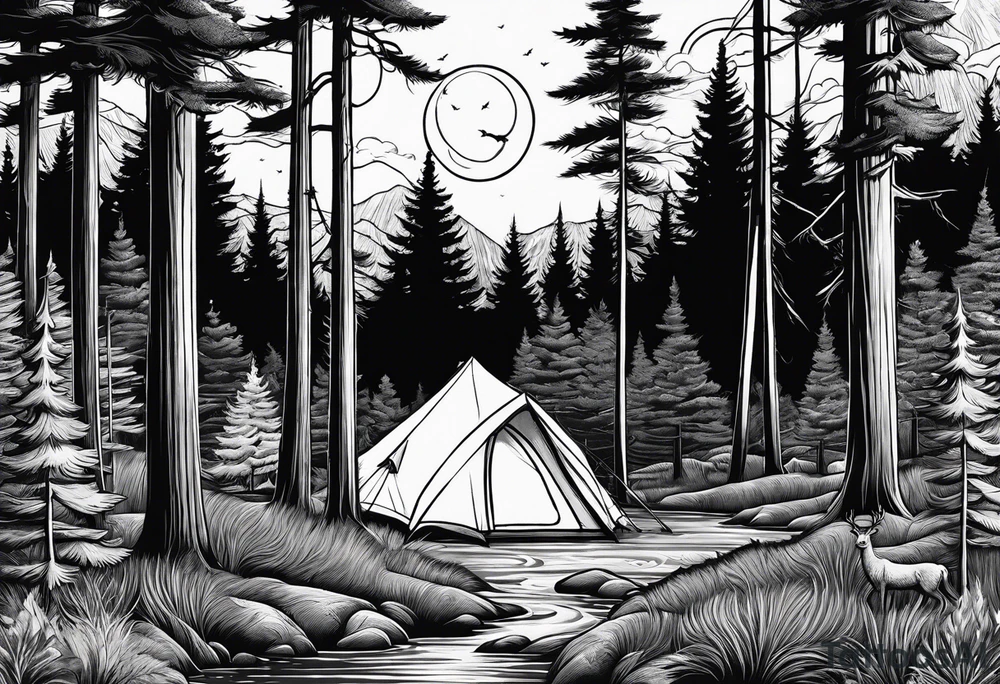 Pine forest with a river, a tent with a campfire, and a deer tattoo idea
