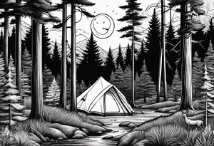 Pine forest with a river, a tent with a campfire, and a deer tattoo idea