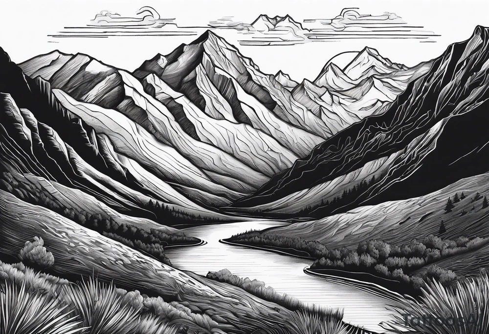 Mountains and in the mountains is a sun with sunbeams that comes out on the mountains from the mountains a river runs down tattoo idea