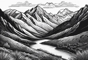 Mountains and in the mountains is a sun with sunbeams that comes out on the mountains from the mountains a river runs down tattoo idea