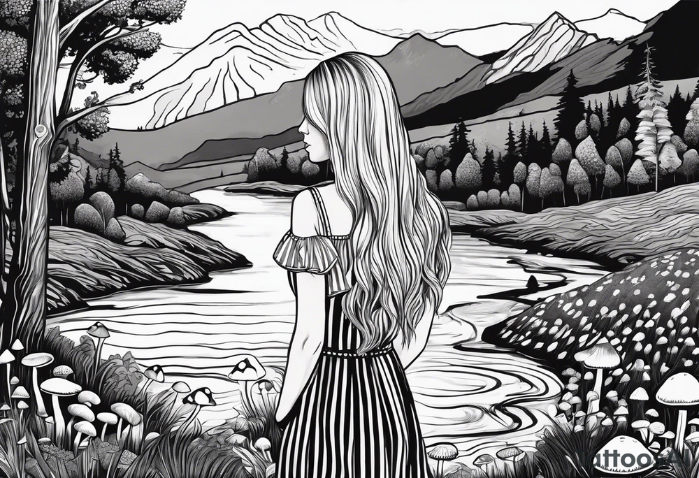 Straight long blonde hair girl in distance holding mushrooms in hand facing away toward mountains and creek surrounded by mushrooms black and white striped dress tattoo idea