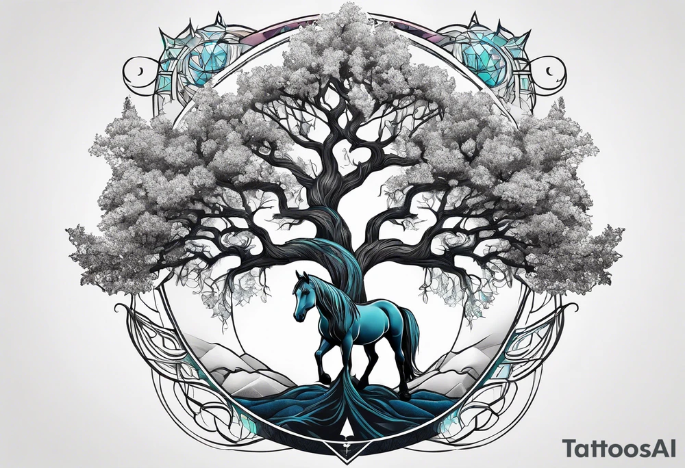 Realistic Horse and Yggdrasil tree tattoo idea