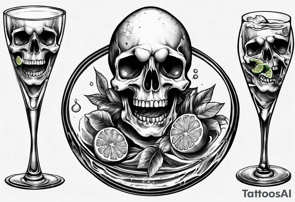 A smiling looking to the left scull inside the glass with alcohol and piece of lime tattoo idea