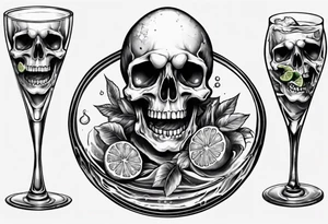 A smiling looking to the left scull inside the glass with alcohol and piece of lime tattoo idea