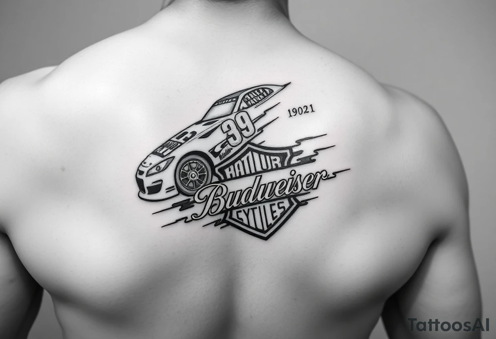 An arm tattoo with the original Dale Earnhardt car on it with the year 1958-2021 intertwined with a Harley-Davidson with a Budweiser logo on it tattoo idea