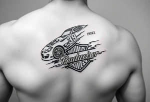 An arm tattoo with the original Dale Earnhardt car on it with the year 1958-2021 intertwined with a Harley-Davidson with a Budweiser logo on it tattoo idea