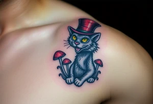 coloured cheshire cat, with top hat and mushrooms tattoo idea