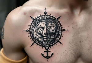 1/3wolf 1/3bear 1/3 lion surrounded by a compass with a small anchor on bottom. for sleeve tattoo idea