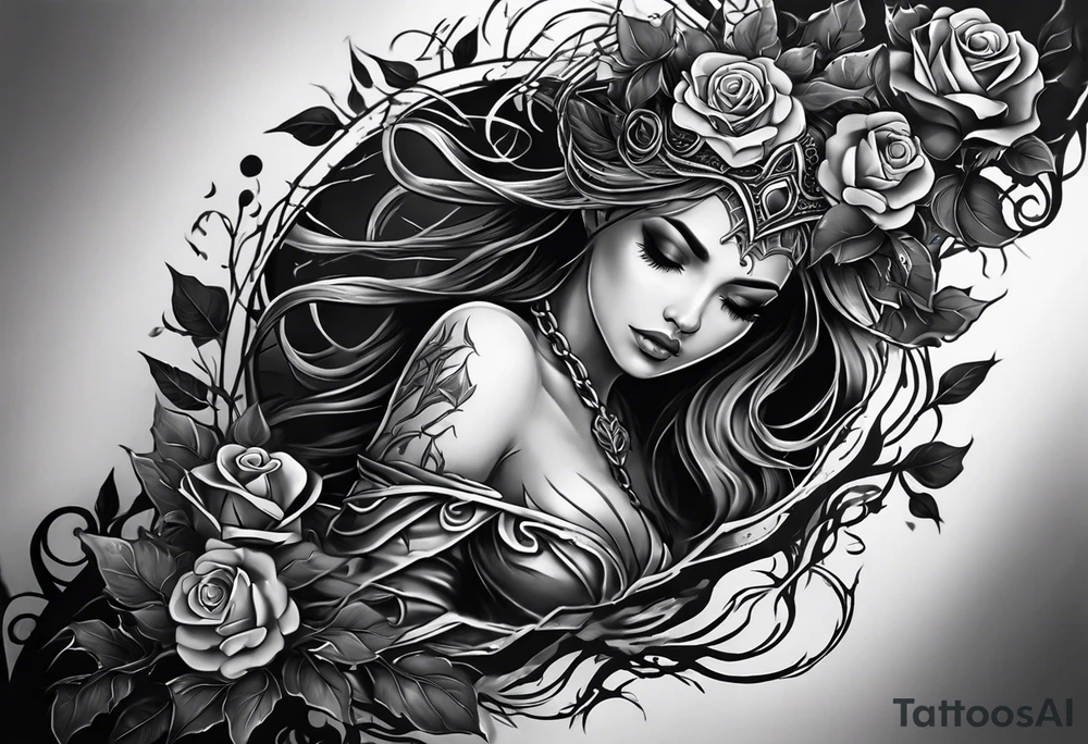 tattoo fool sleeve, dark castle, tree roots break out of the chains, broken mask, girl, roses tattoo idea
