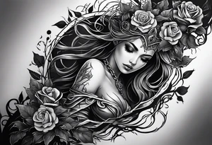 tattoo fool sleeve, dark castle, tree roots break out of the chains, broken mask, girl, roses tattoo idea