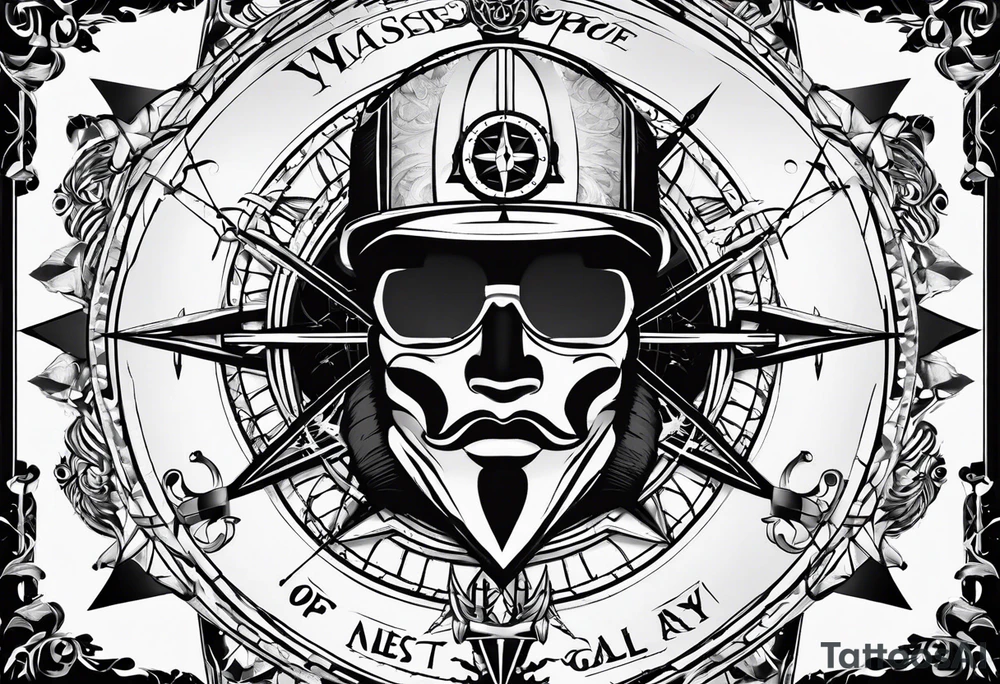 guy faux mask compass. Slashed lettering for the navigational directions and long fencing swords as the arrows tattoo idea