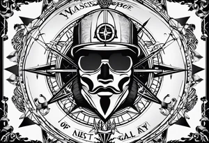 guy faux mask compass. Slashed lettering for the navigational directions and long fencing swords as the arrows tattoo idea
