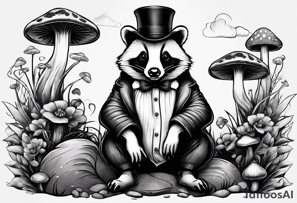 Badger in a coat sitting on a mushroom tattoo idea