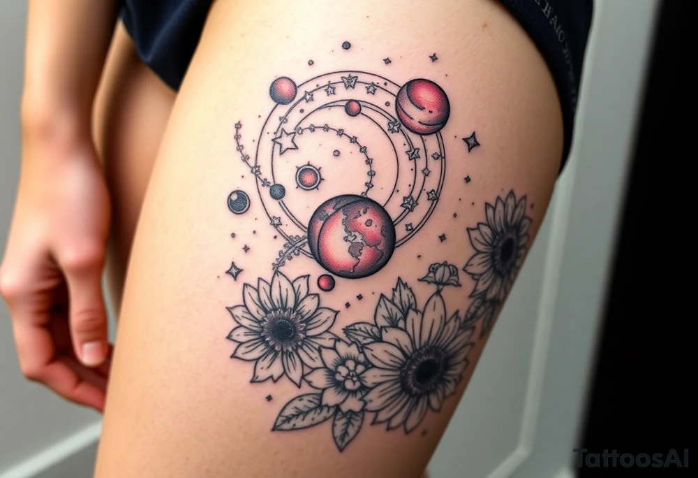 Milky way galaxy with planets with zodiac symbols and protection runes in it with tigerlillies roses and sunflowers tattoo idea