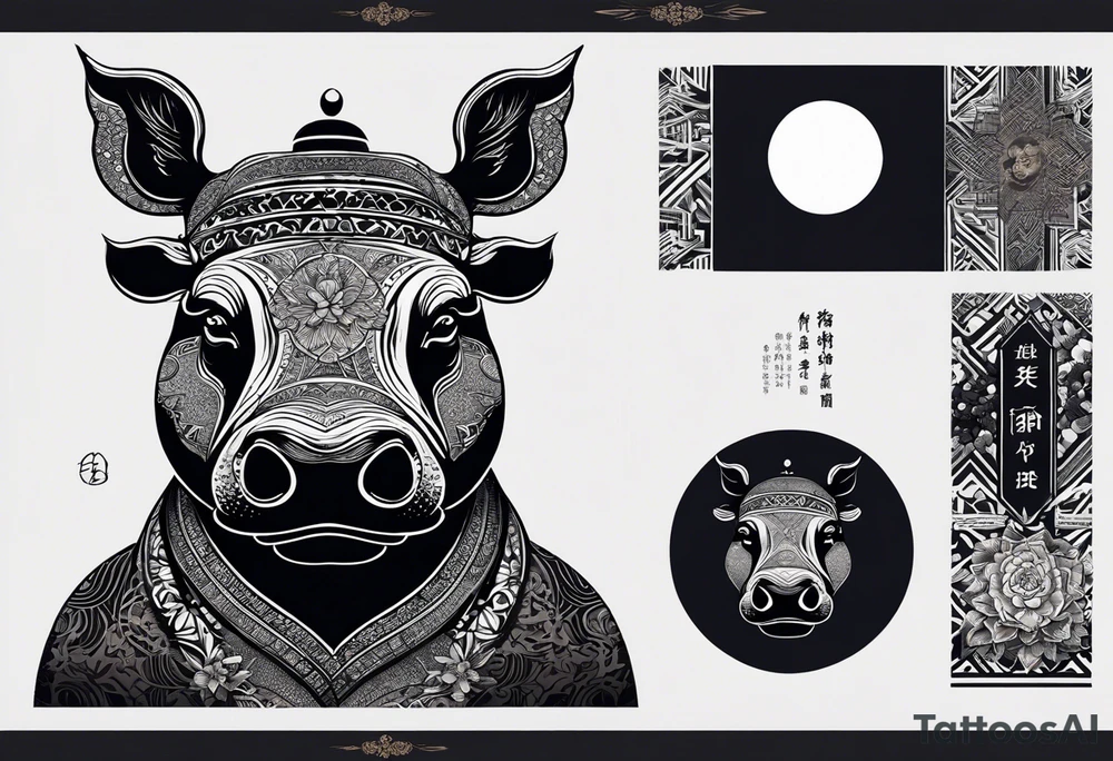 Very asymmetrical, +geometric pattern, with realistic full moon, with seeious looking hippo, +zen feel, + Buddhism touch, +tribal, +geometric, +chinese inkart 
with wintersweet flower bud, +portrait orientation, +inkart touch, tattoo idea