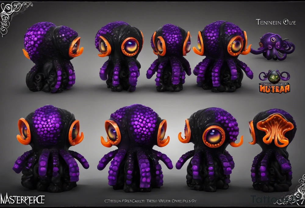 Cthulu/Kraken/Octopus

Black and Violet/Purple + Orange eyes
Head to be on right pec
9 Tentacles
Have 3 tentacles in a spiral for each right shoulder head
Have 1 tentacle on in a spiral for right bicep
Have 3 tentacles contouring the tricep, twirling down and around my right forearm
Have 2 tentacles wrapped around under my collar and double helix down my spinal column tattoo idea
