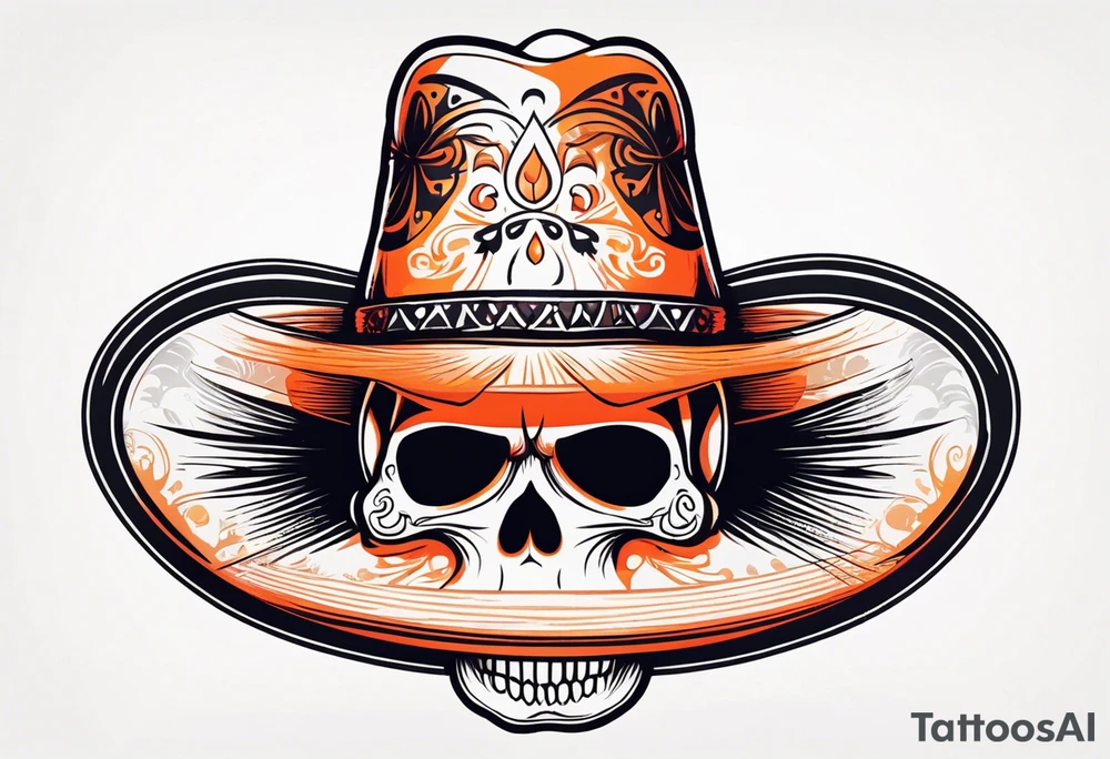 Mexican skull with sombrero with smoke coming out of the bottom orange and red tattoo idea