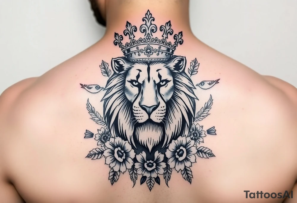 powerful majestic lion with a crown, surrounded by floral ornaments and birds tattoo idea