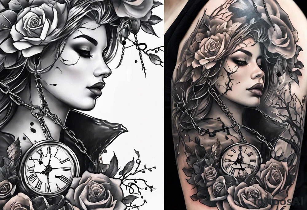 tattoo fool sleeve, tree roots break out of the chains, broken mask, clock with flying numbers, girl and skull, roses tattoo idea