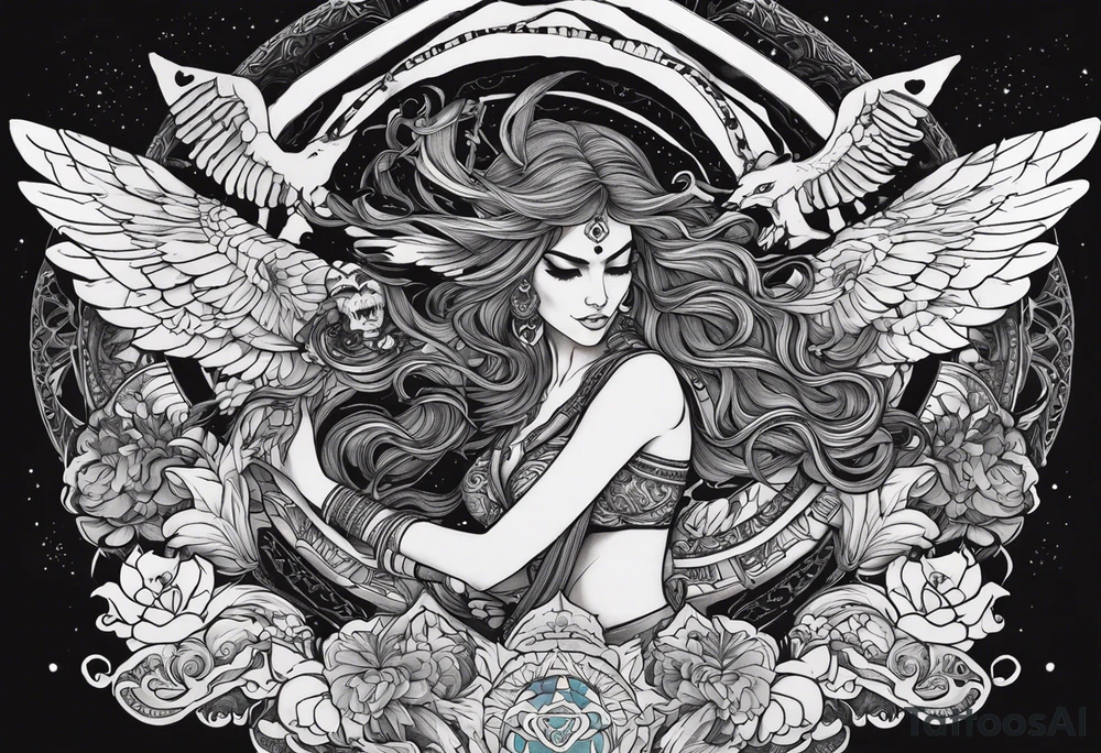 black kali, goddess pirate, alien, angel, pachamama, valkrye, warrior, flying, skull, lotus azul, wing, eagle, zenza resonance, stars, 5D, anahata chakra, death, durga, riding on a tiger, flying lady, chest tatoo tattoo idea