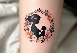 A silhouette of a mother and child in black ink encircled by a floral wreath in pastel hues represents nurturing and tenderness. tattoo idea