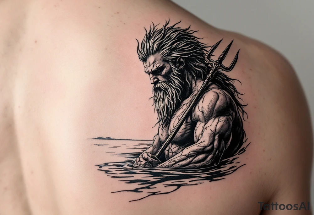 fit poseidon, with trident, in calm water, looking at the horizon tattoo idea