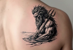 fit poseidon, with trident, in calm water, looking at the horizon tattoo idea