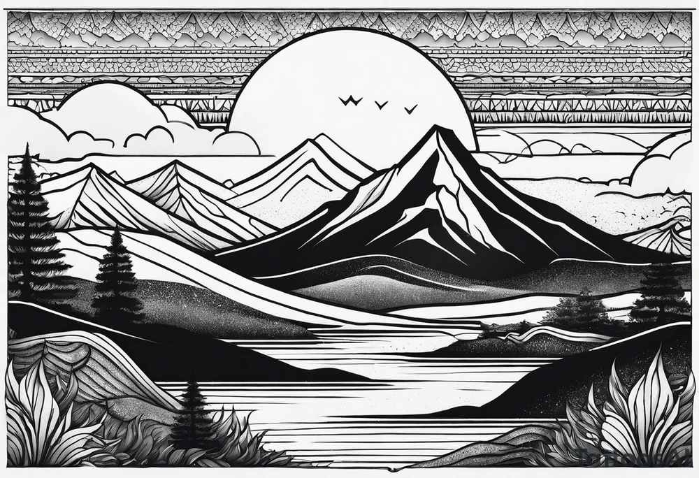 straight line -  represents overcoming challenges & strength - mountains, waves with a little sunshine tattoo idea