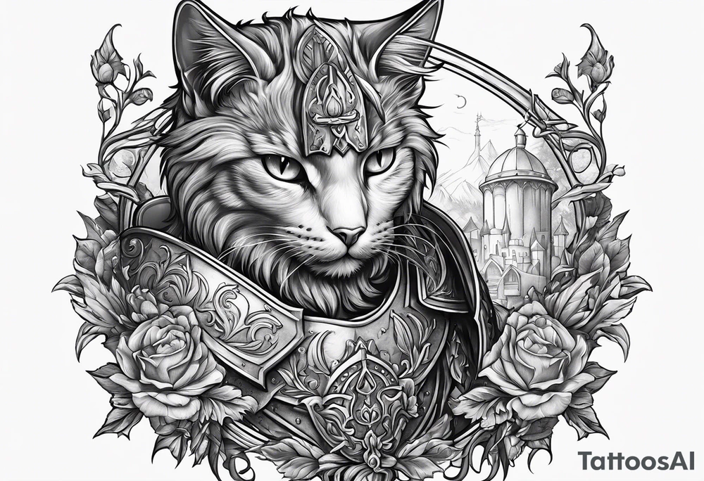 knight feeding cat tattoo idea