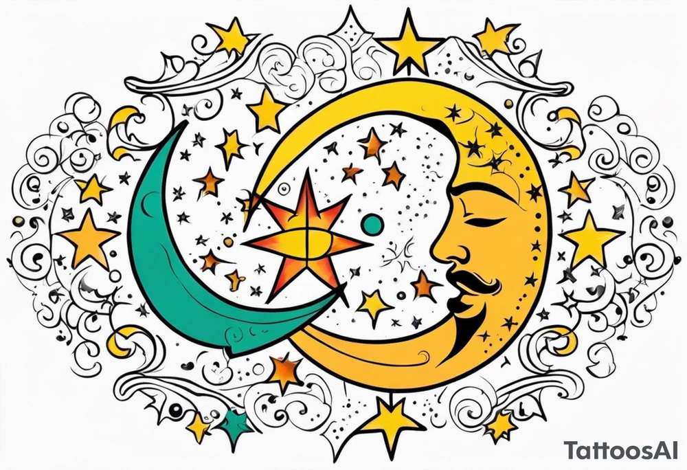 mexican sun stars and moon. Mirrored with swirls and dots and stars tattoo idea