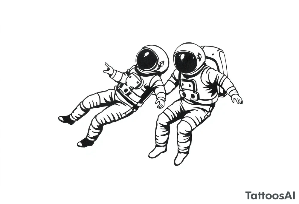 A realistic stencil silhouette style drawing of two astronauts floating in space tattoo idea