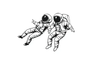 A realistic stencil silhouette style drawing of two astronauts floating in space tattoo idea