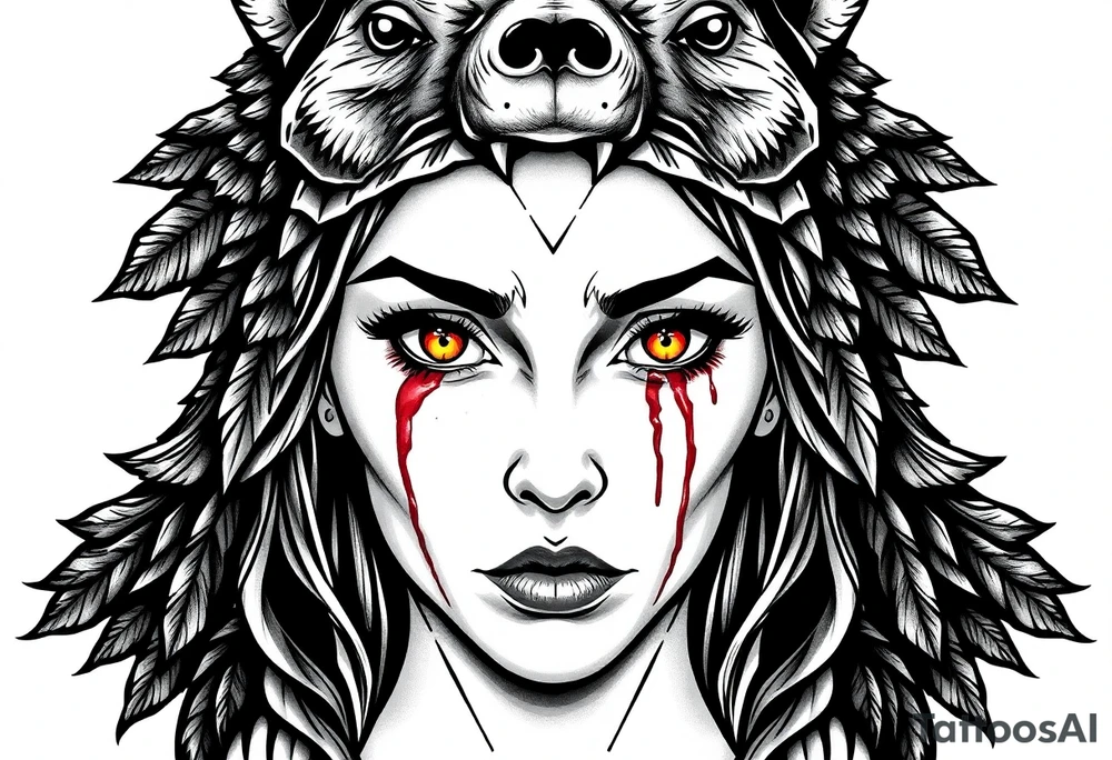 Symmetrical Beautiful Woman with colored eyes, shedding a tear, with battle scars and blood on face, wearing a mean looking bear headdress on head tattoo idea