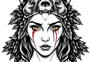 Symmetrical Beautiful Woman with colored eyes, shedding a tear, with battle scars and blood on face, wearing a mean looking bear headdress on head tattoo idea