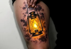 "Nad nadeji nikdy neztracej nadeji." — A glowing lantern held aloft in darkness, inked in warm yellows and golds, lighting up the quote around it in clean black serif. tattoo idea