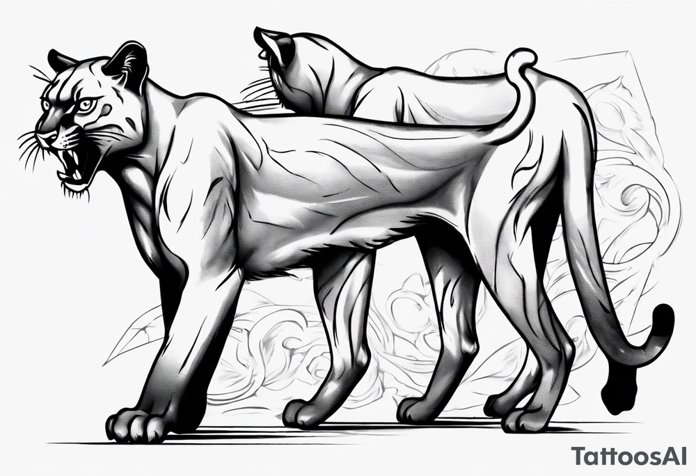 Two black pumas walking past each other and looking at each other tattoo idea