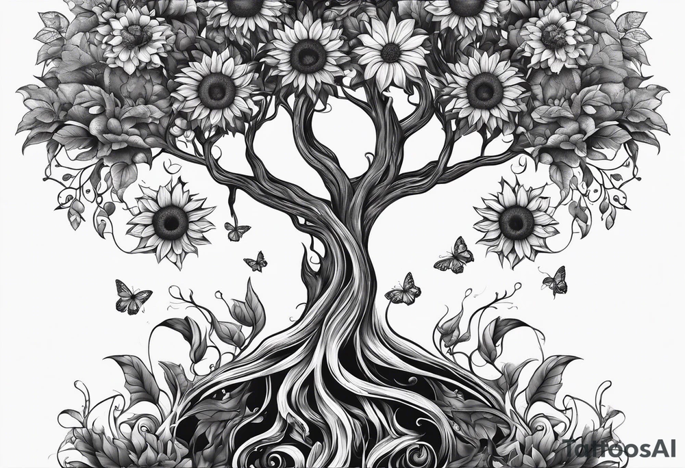Feminine Yggdrasil tree with two sunflowers tattoo idea Feminine Yggdrasil tree with two sunflowers tattoo idea