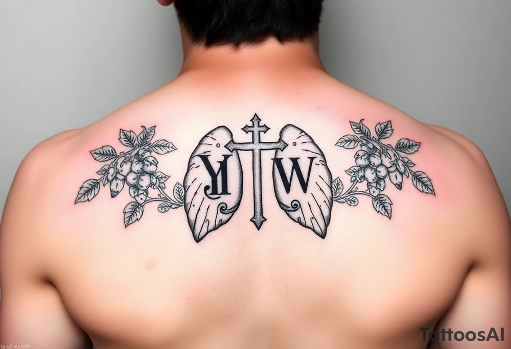 Initials YH WH in lungs with cross and grape vines tattoo idea