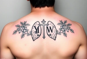 Initials YH WH in lungs with cross and grape vines tattoo idea