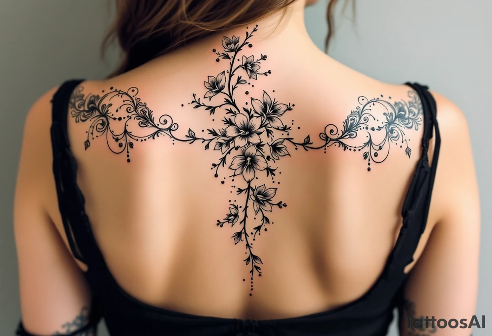 1.	Cherry Blossom Flow (Central Spine): A cascading cherry blossom flowing vertically along the spine to cover the central portion of the existing tattoo. Symmetrical patterns inspired by ornamental designs, with intricate curves and dotwork extending outward from the base of the spine. These elements should balance the floral motif and enhance the lower back area with a decorative, feminine flair.
	3.	Dotwork and Contouring: Delicate linework and dot patterns should be added around the floral design to give texture and seamlessly blend the tattoo with the surrounding skin. The ornamentation should curve naturally along the shape of the body, creating a cohesive, elegant look. tattoo idea