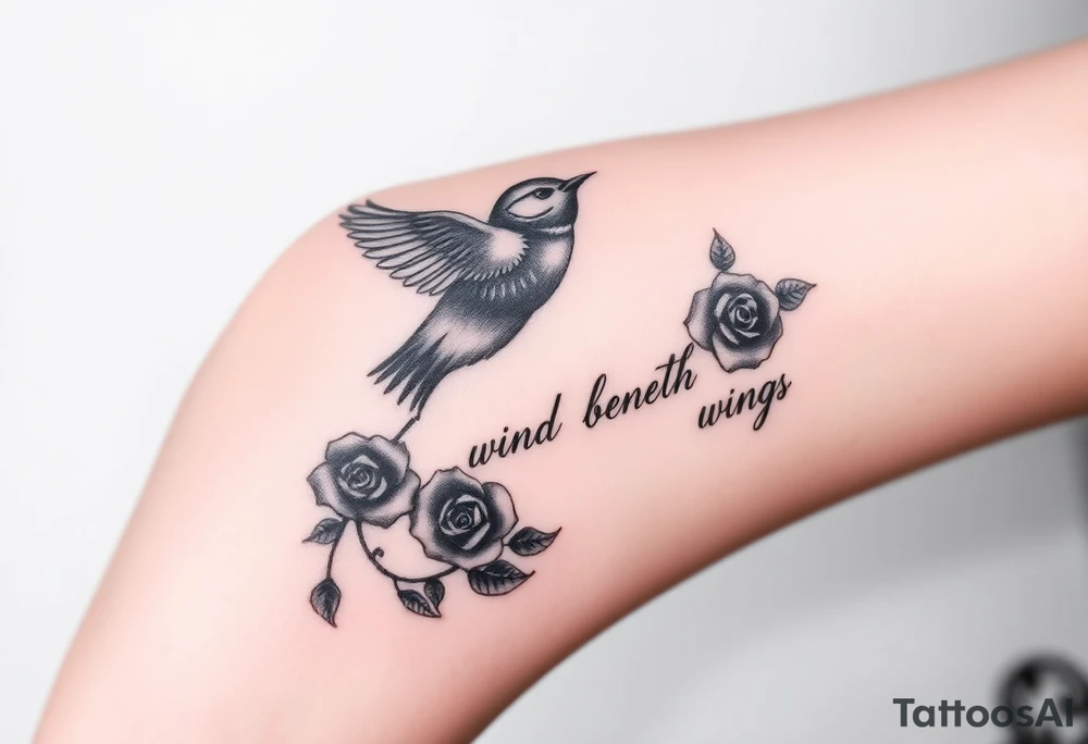 Soaring robin with trail of red rose petals with writing saying wind beneath my wings tattoo idea