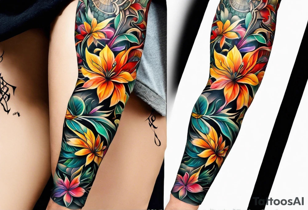 arm sleeve with fall colors, flowers, water, leaves and various shapes, music staff tattoo idea