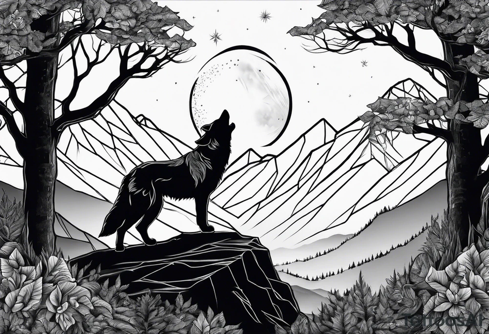 Mountain peaks
Two wolves sitting at end of trail
Moon
Dark woods tattoo idea
