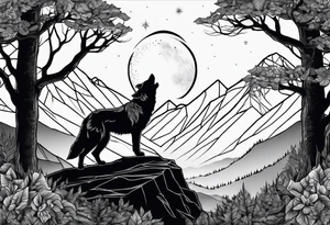 Mountain peaks
Two wolves sitting at end of trail
Moon
Dark woods tattoo idea