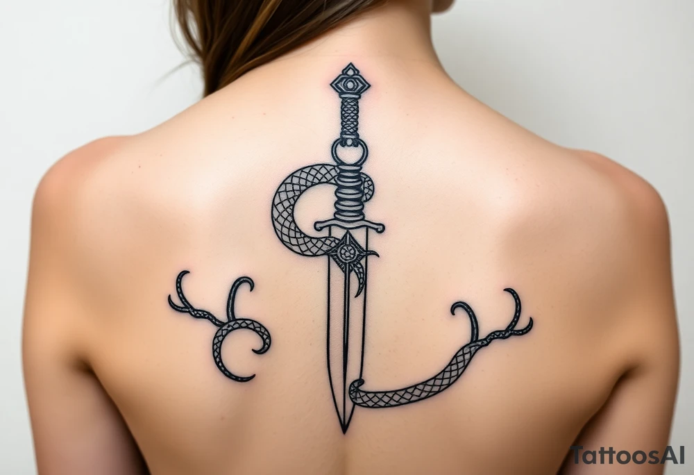 mystical snake coiled around an ancient dagger with jeweled hilt tattoo idea