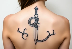 mystical snake coiled around an ancient dagger with jeweled hilt tattoo idea