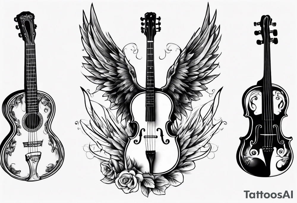 GUITAR LEANING AGAINST A VIOLIN WITH ANGLE WINGS tattoo idea GUITAR LEANING AGAINST A VIOLIN WITH ANGLE WINGS tattoo idea